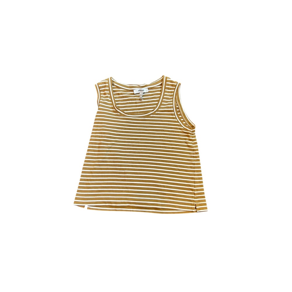 Spanx Mustard White Striped Scoop Neck Tank Top 100% Cotton Womens Size Small - Picture 3 of 9